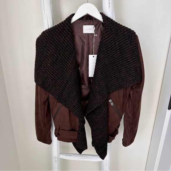 Lush Women’s Draped Faux Suede and Sweater Brown Open Front Moto Jacket Sz L - Picture 4 of 16